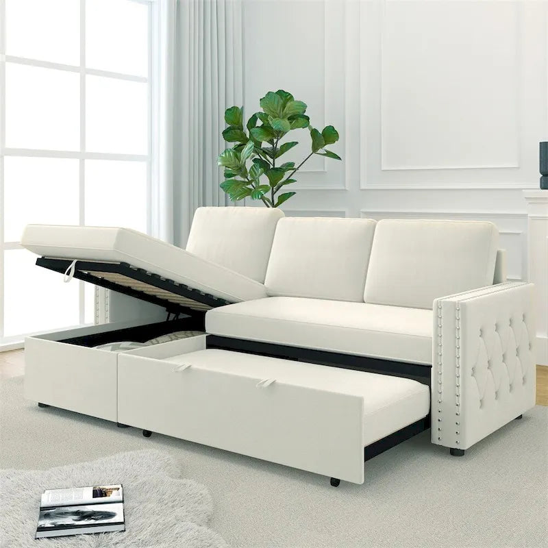 85 3-Sitzer Schlafsofa mit Stauraum-Recamiere, Ausziehfunktion und Kupfernieten