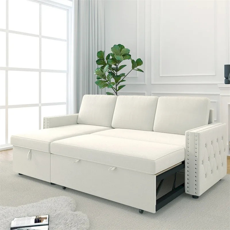 85 3-Sitzer Schlafsofa mit Stauraum-Recamiere, Ausziehfunktion und Kupfernieten