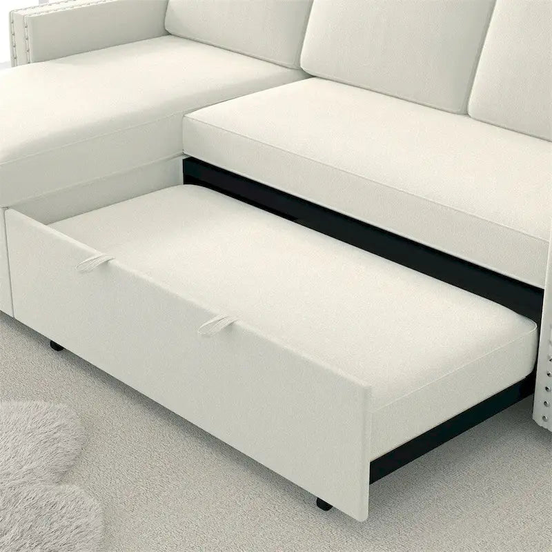 85 3-Sitzer Schlafsofa mit Stauraum-Recamiere, Ausziehfunktion und Kupfernieten