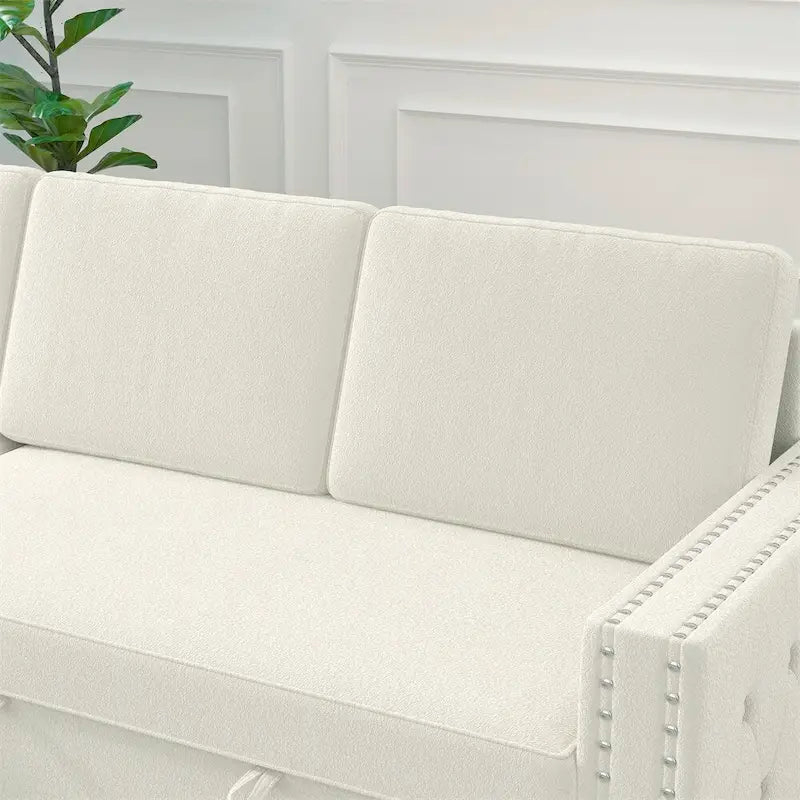 85 3-Sitzer Schlafsofa mit Stauraum-Recamiere, Ausziehfunktion und Kupfernieten