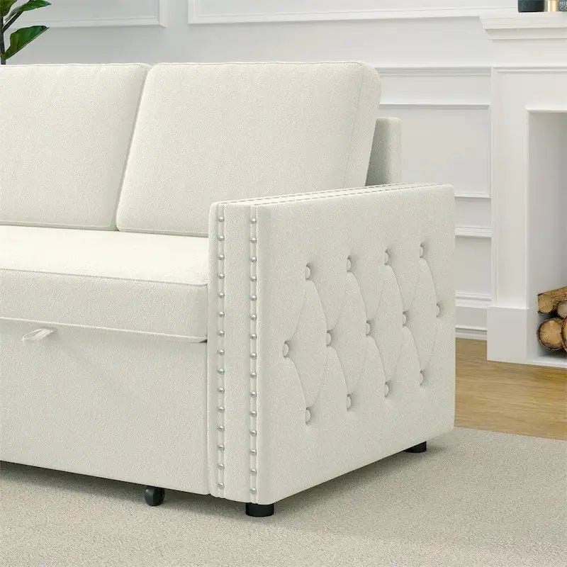 85 3-Sitzer Schlafsofa mit Stauraum-Recamiere, Ausziehfunktion und Kupfernieten