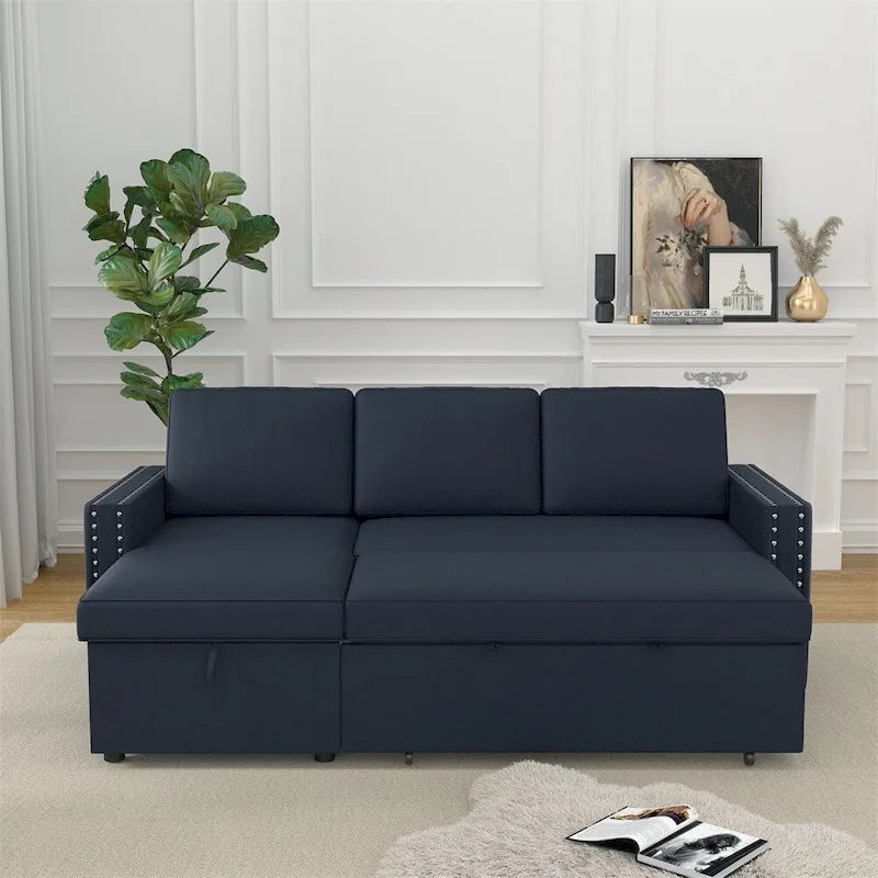 85 3-Sitzer Schlafsofa mit Stauraum-Recamiere, Ausziehfunktion und Kupfernieten