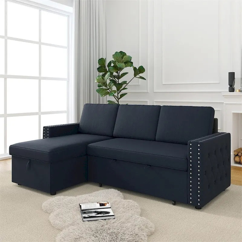 85 3-Sitzer Schlafsofa mit Stauraum-Recamiere, Ausziehfunktion und Kupfernieten
