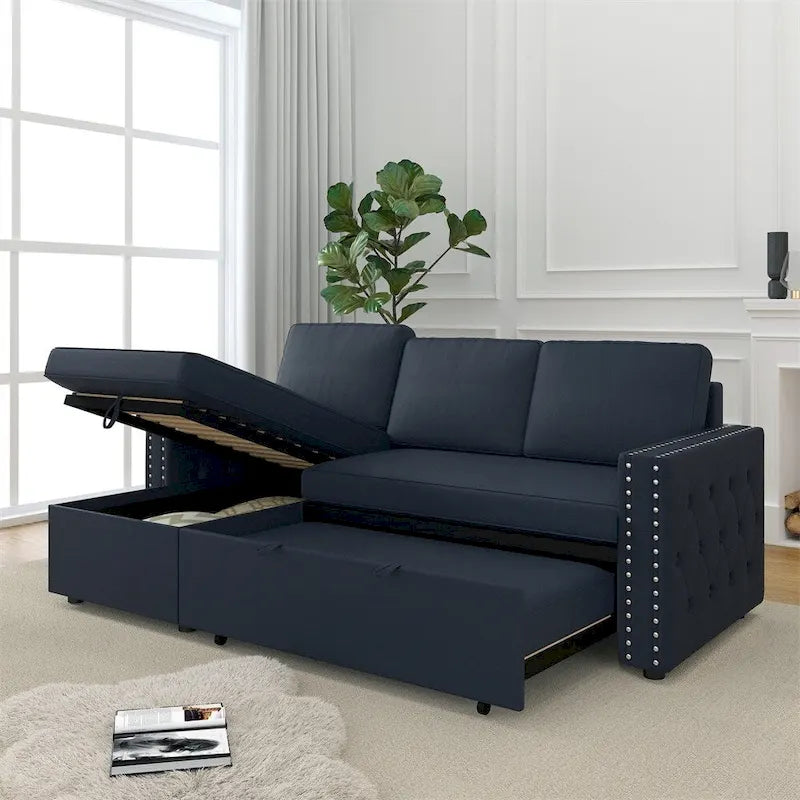 85 3-Sitzer Schlafsofa mit Stauraum-Recamiere, Ausziehfunktion und Kupfernieten