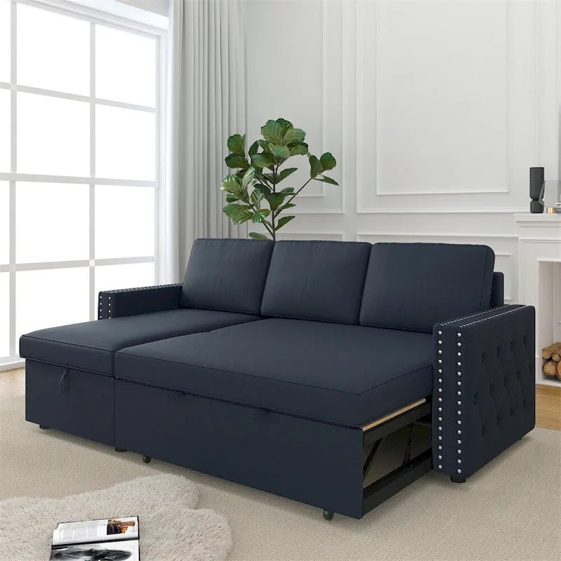85 3-Sitzer Schlafsofa mit Stauraum-Recamiere, Ausziehfunktion und Kupfernieten