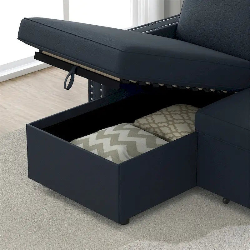 85 3-Sitzer Schlafsofa mit Stauraum-Recamiere, Ausziehfunktion und Kupfernieten