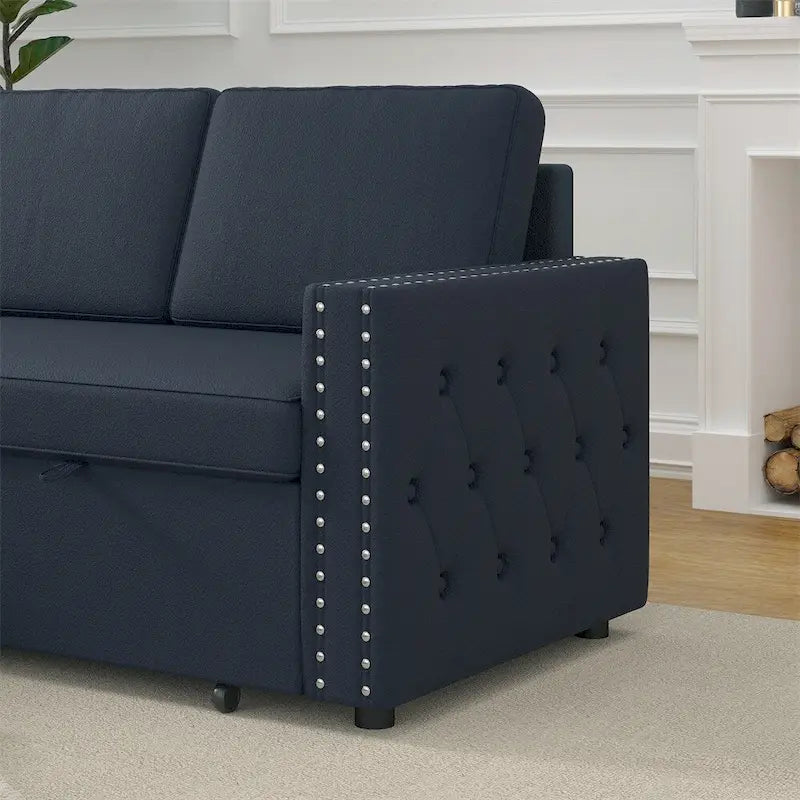 85 3-Sitzer Schlafsofa mit Stauraum-Recamiere, Ausziehfunktion und Kupfernieten