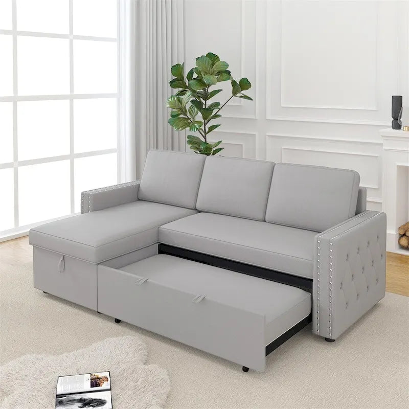 85 3-Sitzer Schlafsofa mit Stauraum-Recamiere, Ausziehfunktion und Kupfernieten