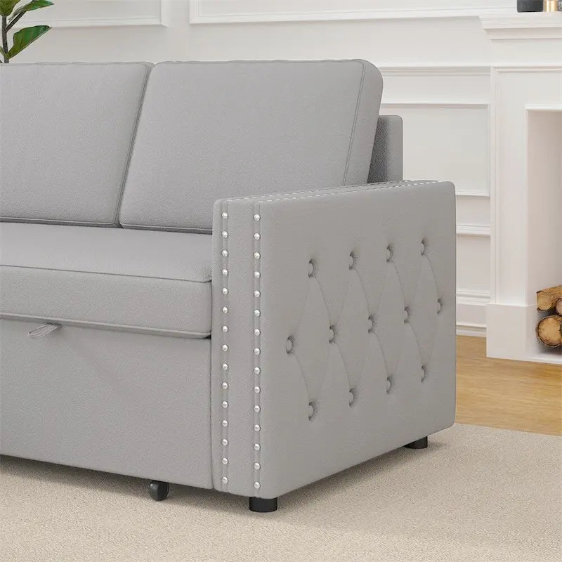 85 3-Sitzer Schlafsofa mit Stauraum-Recamiere, Ausziehfunktion und Kupfernieten