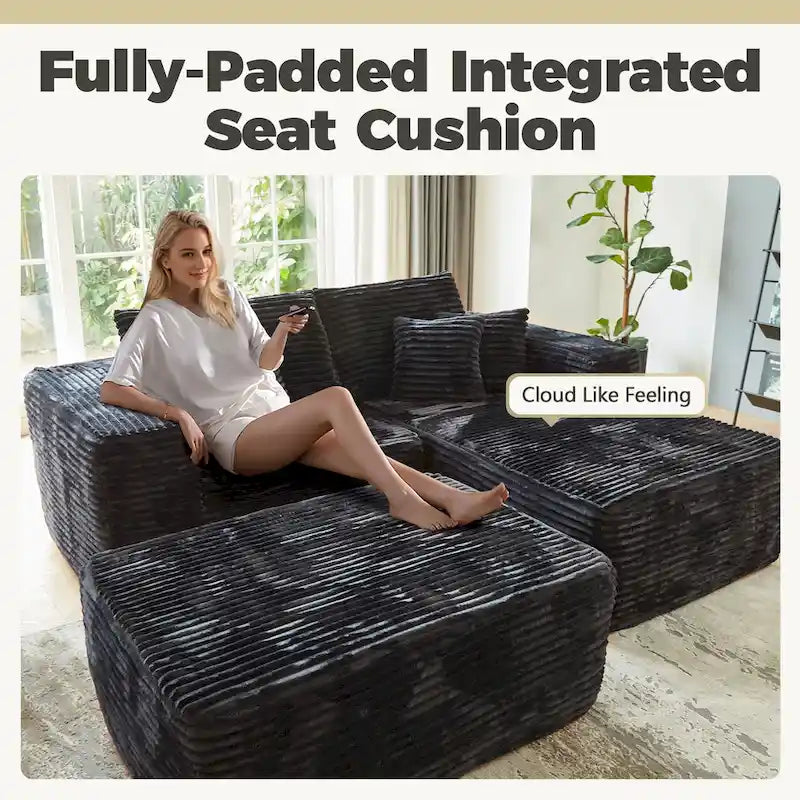 HOOOWOOO Modernes Plüsch-Ecksofa L-förmige Couch mit abnehmbarem Ottoman