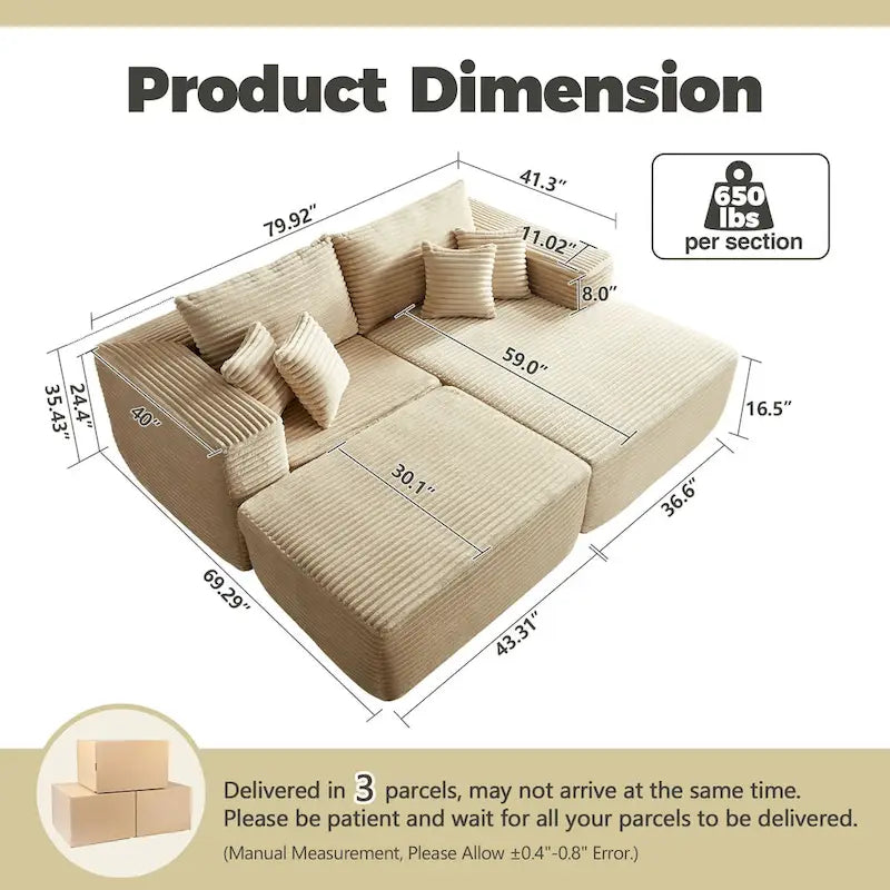 HOOOWOOO Modernes Plüsch-Ecksofa L-förmige Couch mit abnehmbarem Ottoman