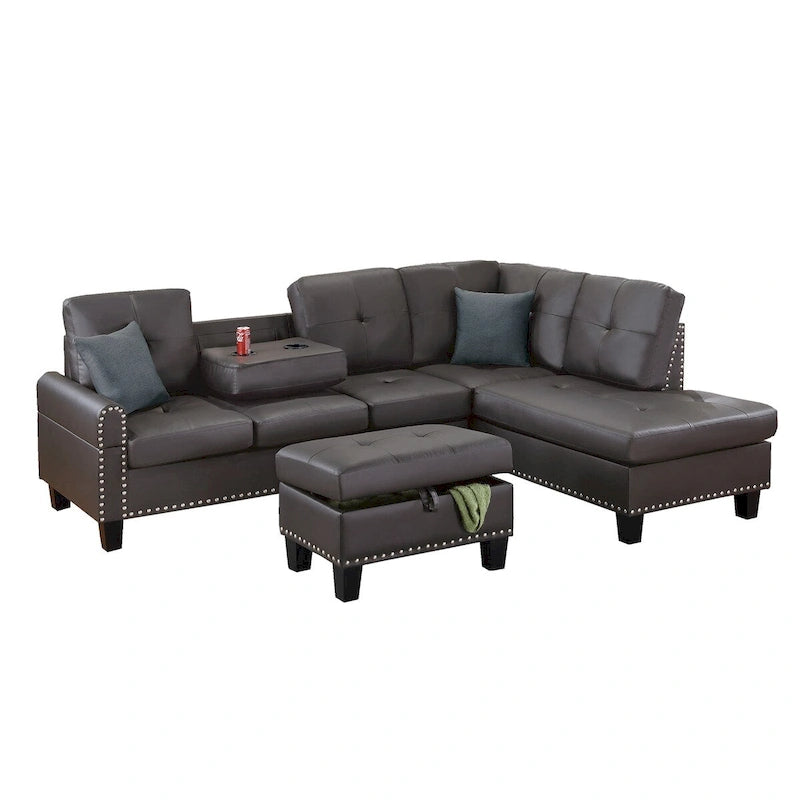3-teiliges Ecksofa-Set aus Kunstleder mit Stauraum-Ottomane