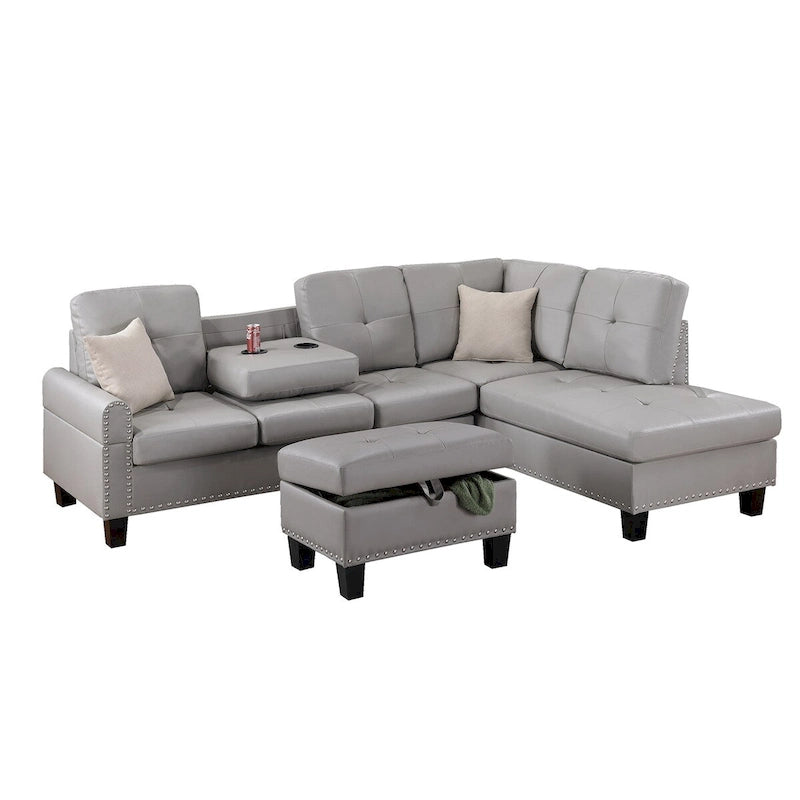 3-teiliges Ecksofa-Set aus Kunstleder mit Stauraum-Ottomane