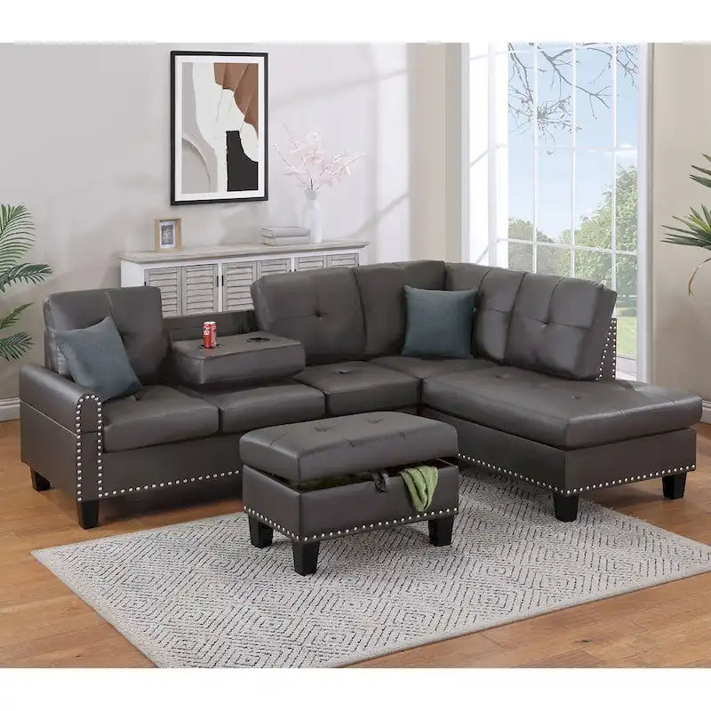 3-teiliges Ecksofa-Set aus Kunstleder mit Stauraum-Ottomane