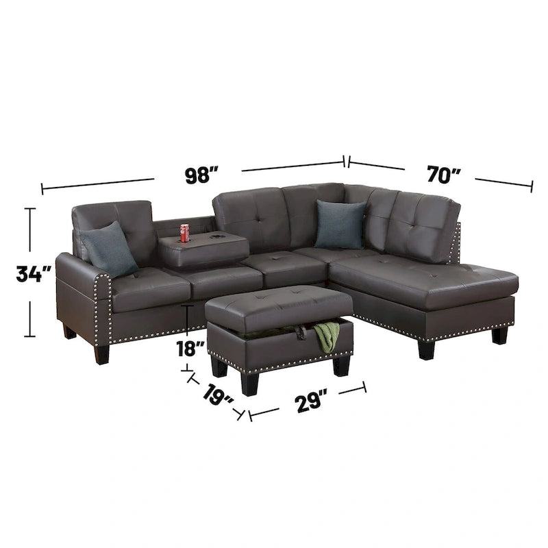3-teiliges Ecksofa-Set aus Kunstleder mit Stauraum-Ottomane