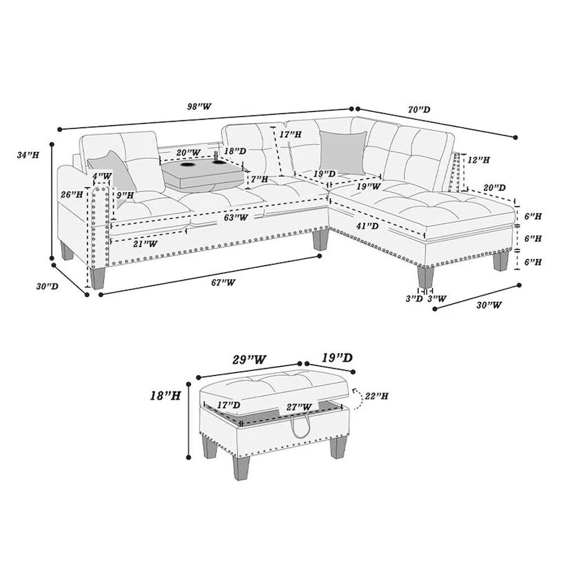 3-teiliges Ecksofa-Set aus Kunstleder mit Stauraum-Ottomane