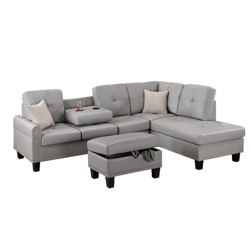 3-teiliges Ecksofa-Set aus Kunstleder mit Stauraum-Ottomane