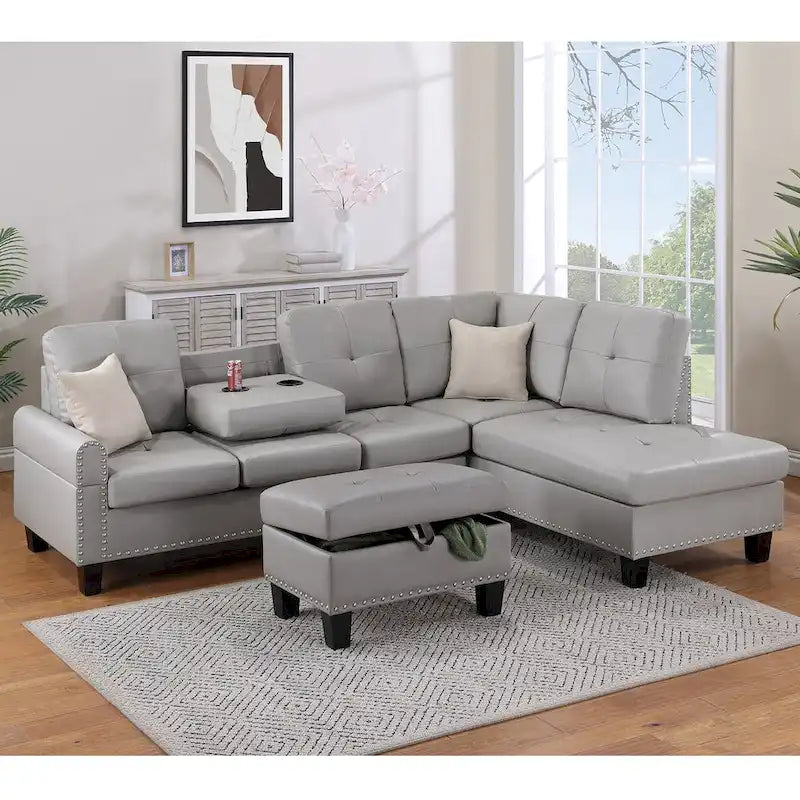 3-teiliges Ecksofa-Set aus Kunstleder mit Stauraum-Ottomane