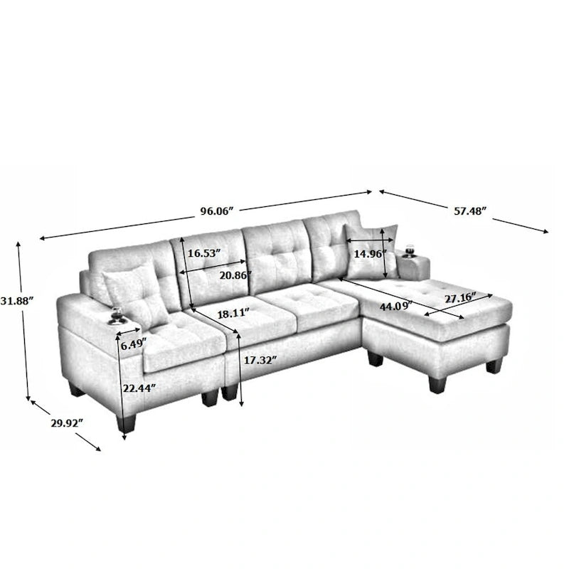Schnittsofa-Wohnzimmer mit L-förmigem Chaiselongue und Getränkehalter