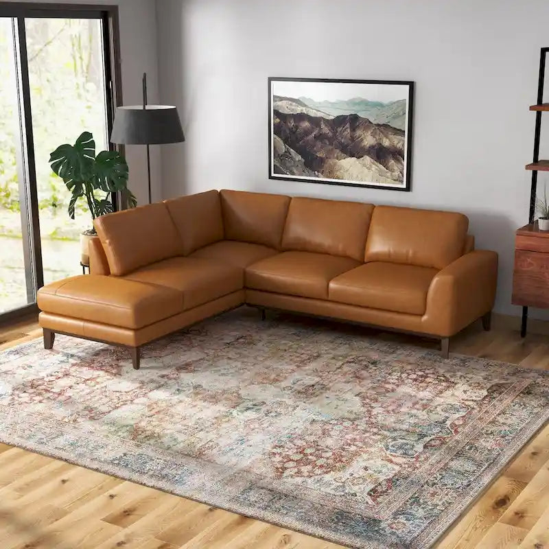 Miamo Mid Century Wohnzimmer Ecksofa aus Echtleder in Hellbraun