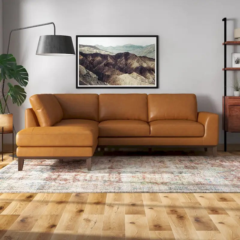 Miamo Mid Century Wohnzimmer Ecksofa aus Echtleder in Hellbraun