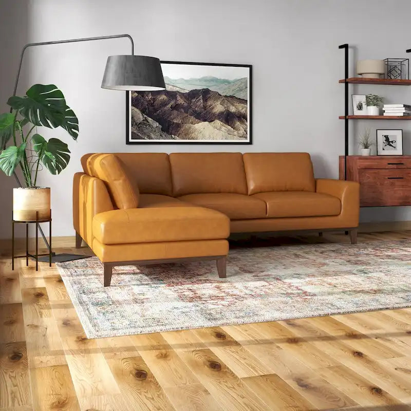 Miamo Mid Century Wohnzimmer Ecksofa aus Echtleder in Hellbraun