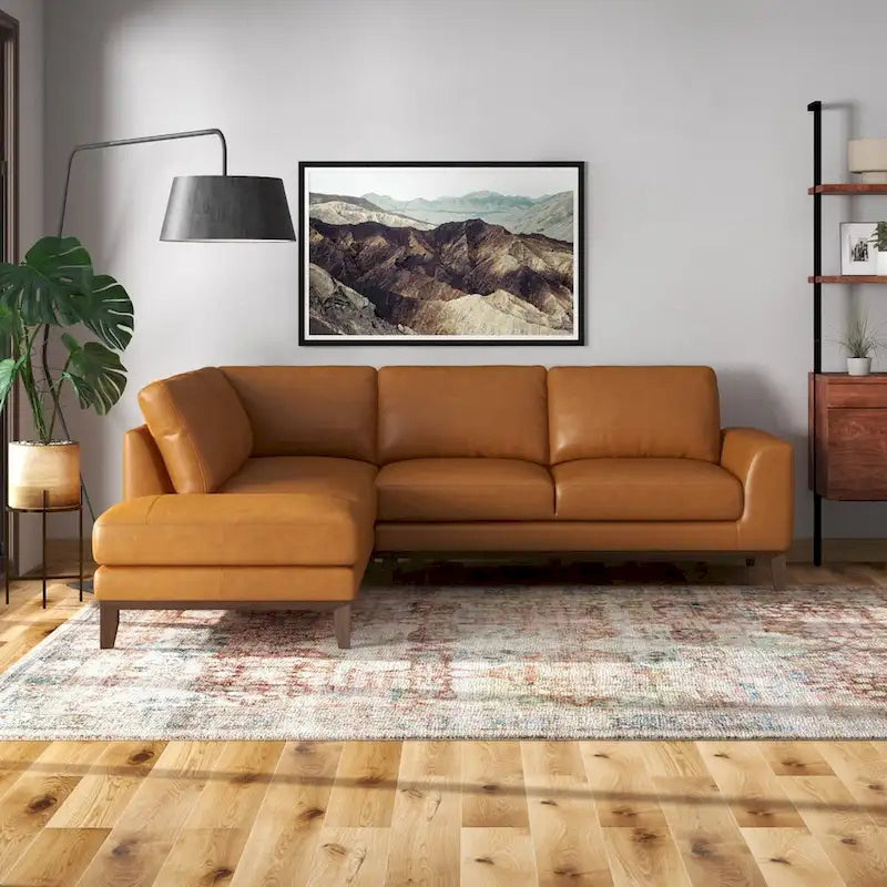 Miamo Mid Century Wohnzimmer Ecksofa aus Echtleder in Hellbraun