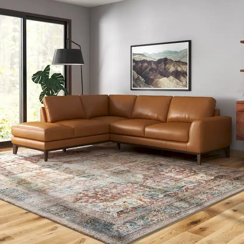 Miamo Mid Century Wohnzimmer Ecksofa aus Echtleder in Hellbraun