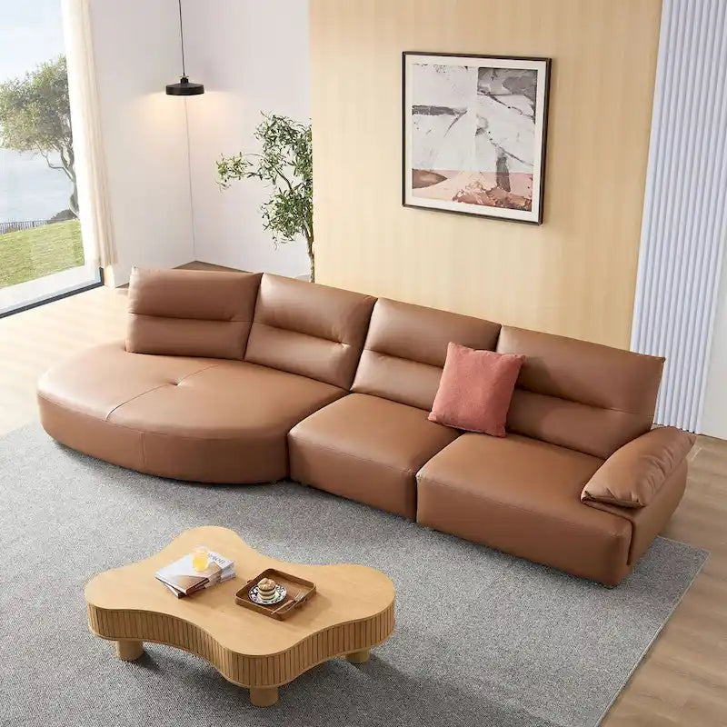 Gebogene Sektionscouch aus Leder für das Wohnzimmer, gepolstertes 4-Sitzer-Sofa-Set