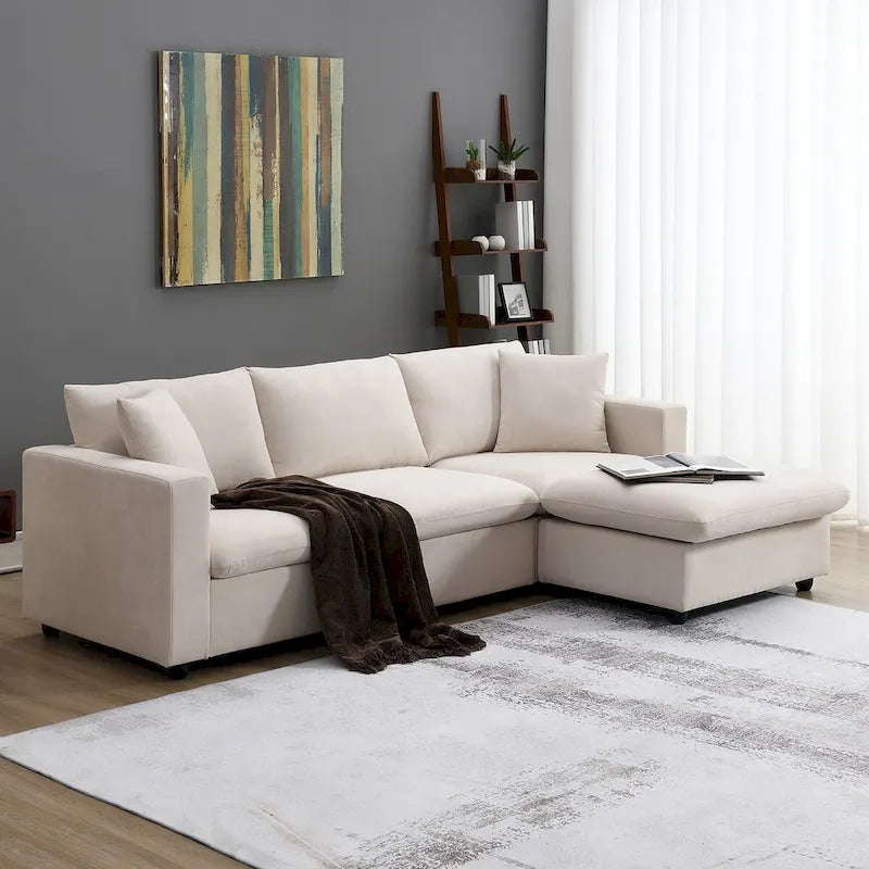 L-shaped Modern Sectional Sofa, 2 Free pillows,4-seat Polyester Fabric Couch Set,Ottoman,Beige