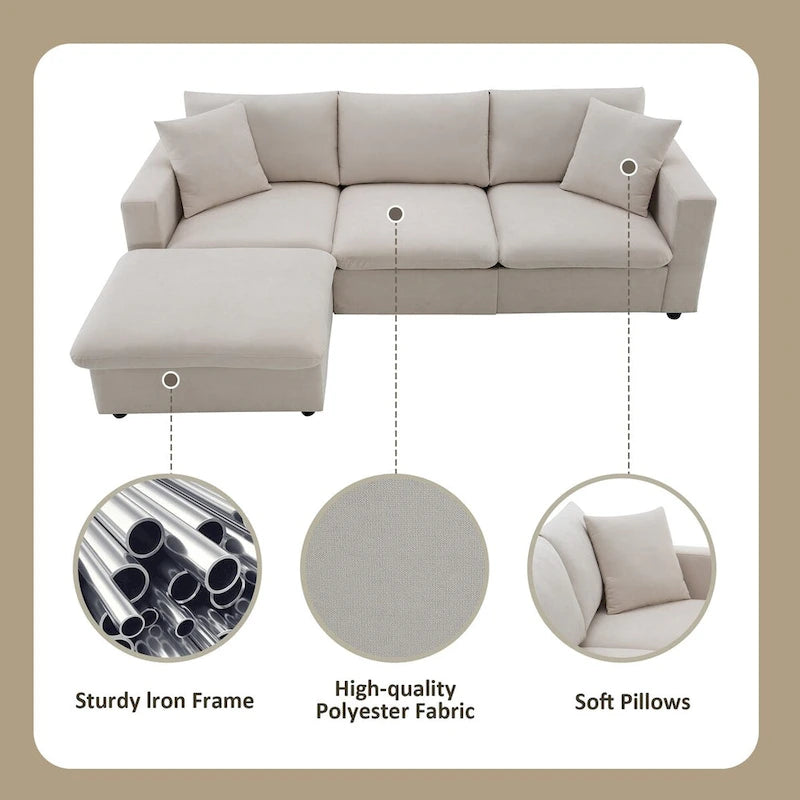 L-förmiges modernes Sektionalsofa, 2 kostenlose Kissen, 4-Sitzer-Polyestergewebe-Couchgarnitur, Ottomane, Beige