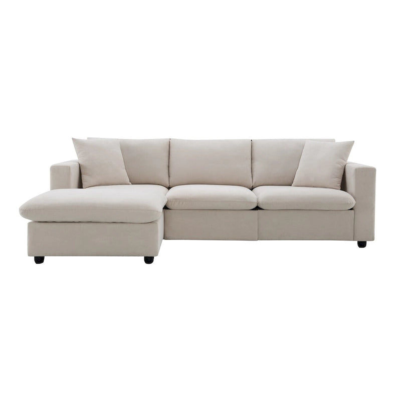 L-förmiges modernes Sektionalsofa, 2 kostenlose Kissen, 4-Sitzer-Polyestergewebe-Couchgarnitur, Ottomane, Beige