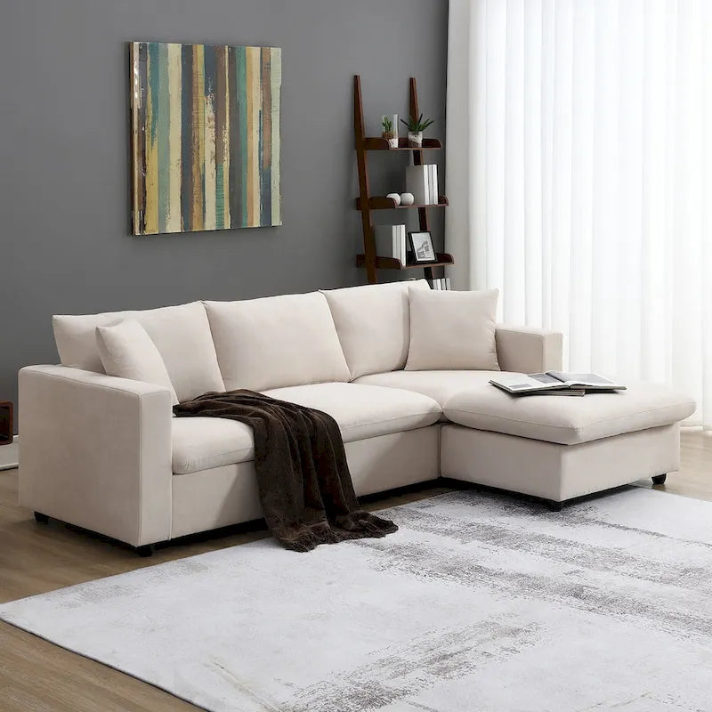 Modernes Sektionalsofa, L-förmige Couchgarnitur mit 2 kostenlosen Kissen, 4-Sitzer-Couchgarnitur aus Polyestergewebe mit umwandelbarem Ottoman