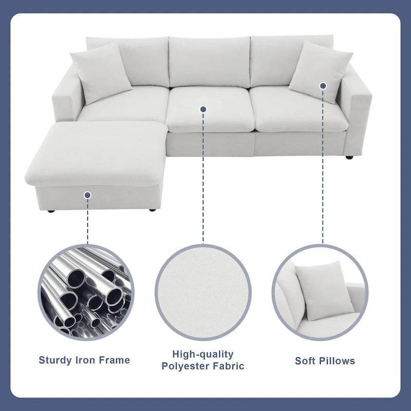 Modernes Sektionalsofa, L-förmige Couchgarnitur mit 2 kostenlosen Kissen, 4-Sitzer-Couchgarnitur aus Polyestergewebe mit umwandelbarem Ottoman