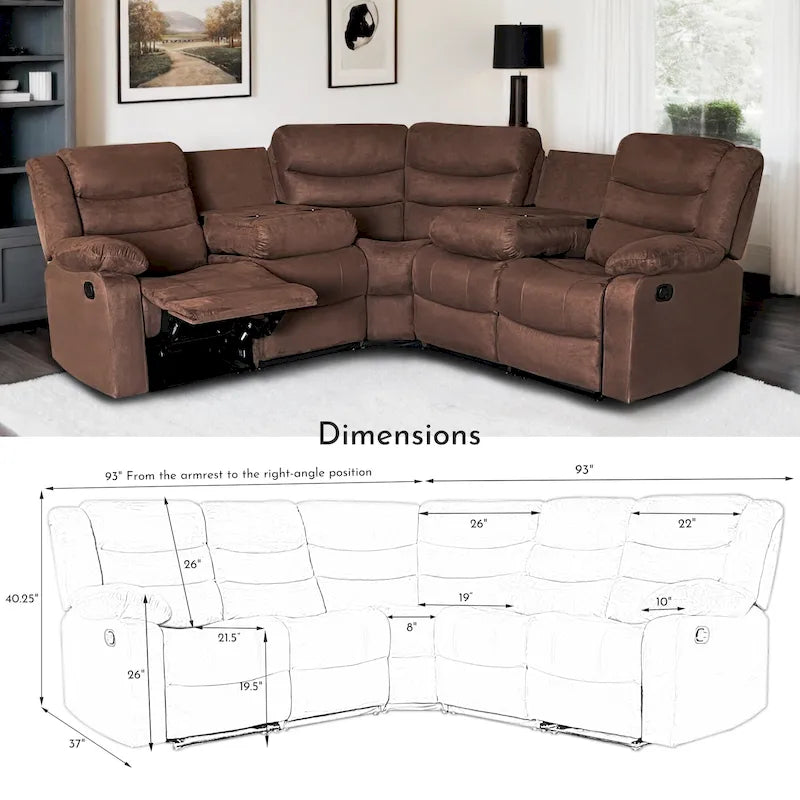 93 Breite Polyester/Wildleder 5-teiliges manuelles Relaxsofa-Schnittsofa