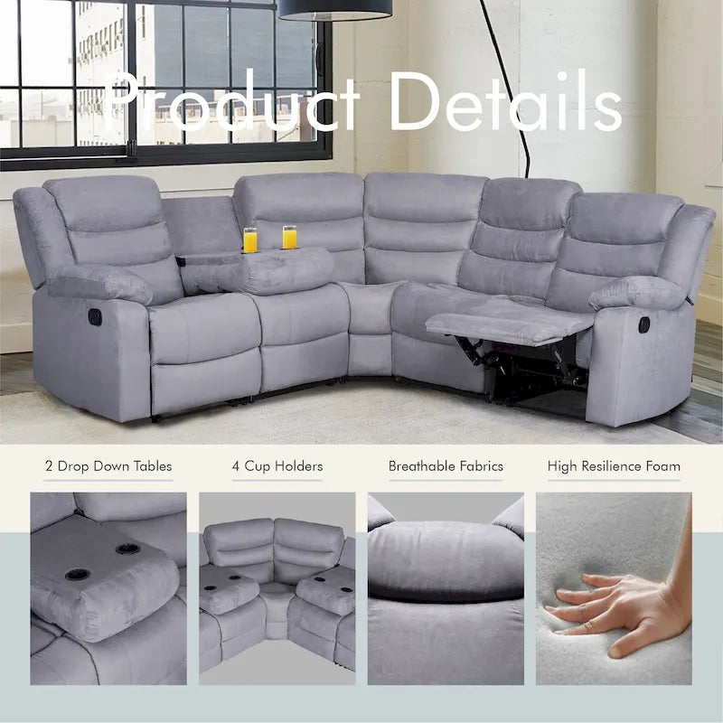 93 Breite Polyester/Wildleder 5-teiliges manuelles Relaxsofa-Schnittsofa