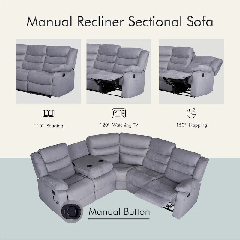 93 Breite Polyester/Wildleder 5-teiliges manuelles Relaxsofa-Schnittsofa