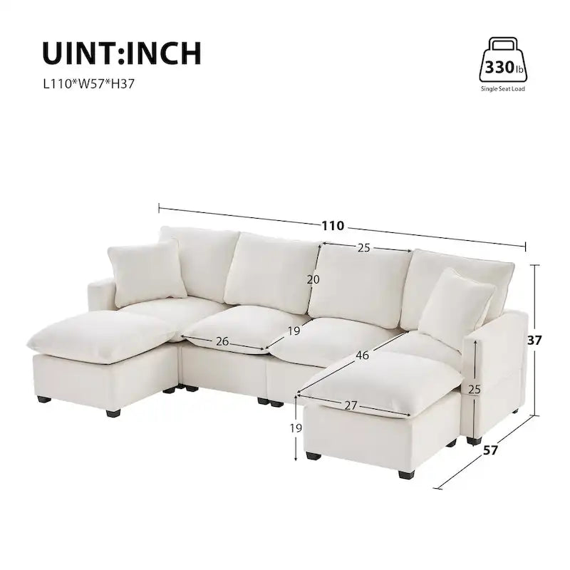 Modernes 6-Sitzer Freikombinations-U-förmiges Modulares Sofa, Sektionscouch-Set mit 2 Kissen