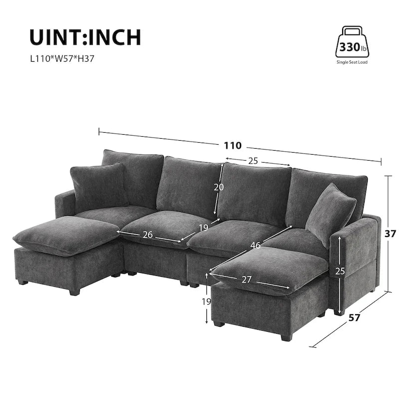 Modernes 6-Sitzer Freikombinations-U-förmiges Modulares Sofa, Sektionscouch-Set mit 2 Kissen