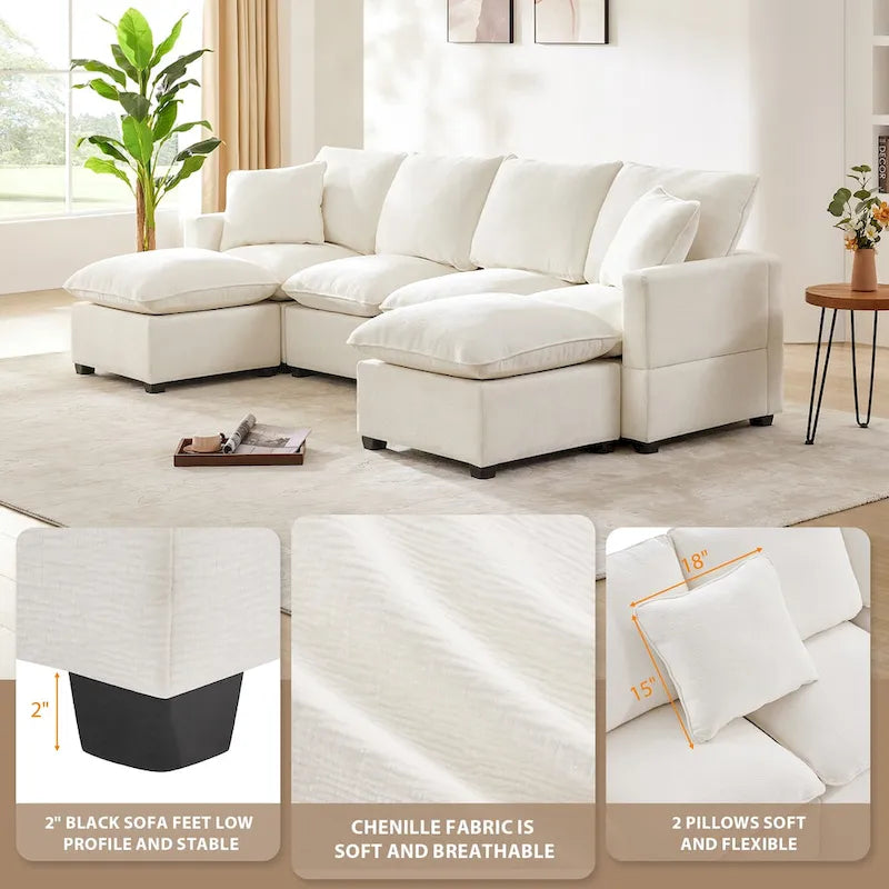 Modernes 6-Sitzer Freikombinations-U-förmiges Modulares Sofa, Sektionscouch-Set mit 2 Kissen