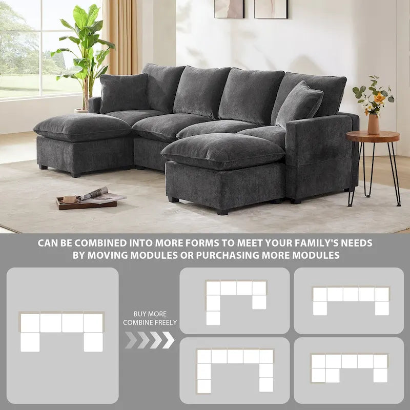 Modernes 6-Sitzer Freikombinations-U-förmiges Modulares Sofa, Sektionscouch-Set mit 2 Kissen