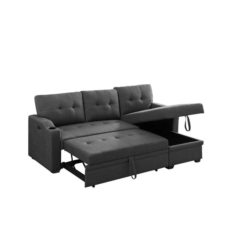 Mabel Schlafsofa-Schnittsofa in Dunkelgrau, 83 Zoll, mit Getränkehalter, USB-Ladeanschluss und Tasche – 83W x 54D x 35H