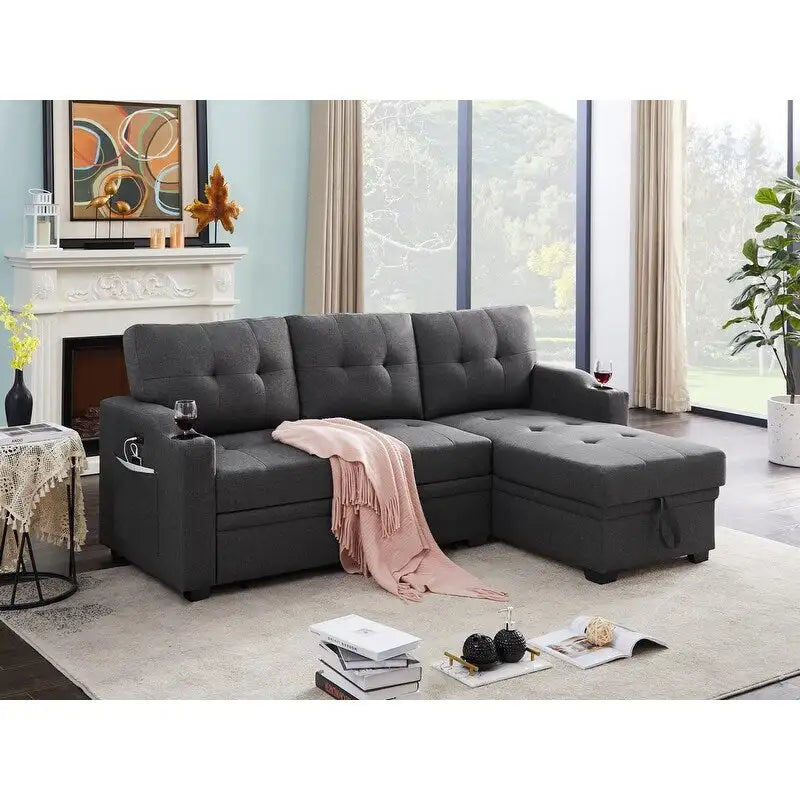 Mabel Schlafsofa-Schnittsofa in Dunkelgrau, 83 Zoll, mit Getränkehalter, USB-Ladeanschluss und Tasche – 83W x 54D x 35H