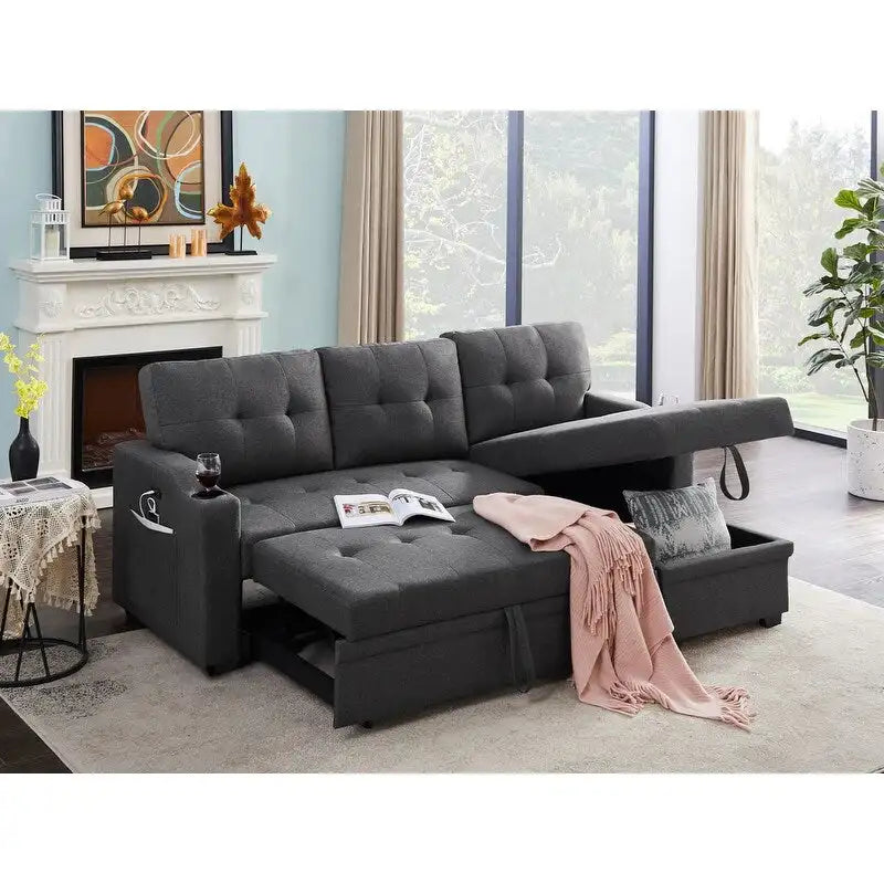 Mabel Schlafsofa-Schnittsofa in Dunkelgrau, 83 Zoll, mit Getränkehalter, USB-Ladeanschluss und Tasche – 83W x 54D x 35H