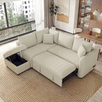 L-förmiges Sektionsschlafsofa mit Ausziehfunktion, USB-Anschlüssen, Steckdosen und einem beweglichen Stauraubhocker, Beige