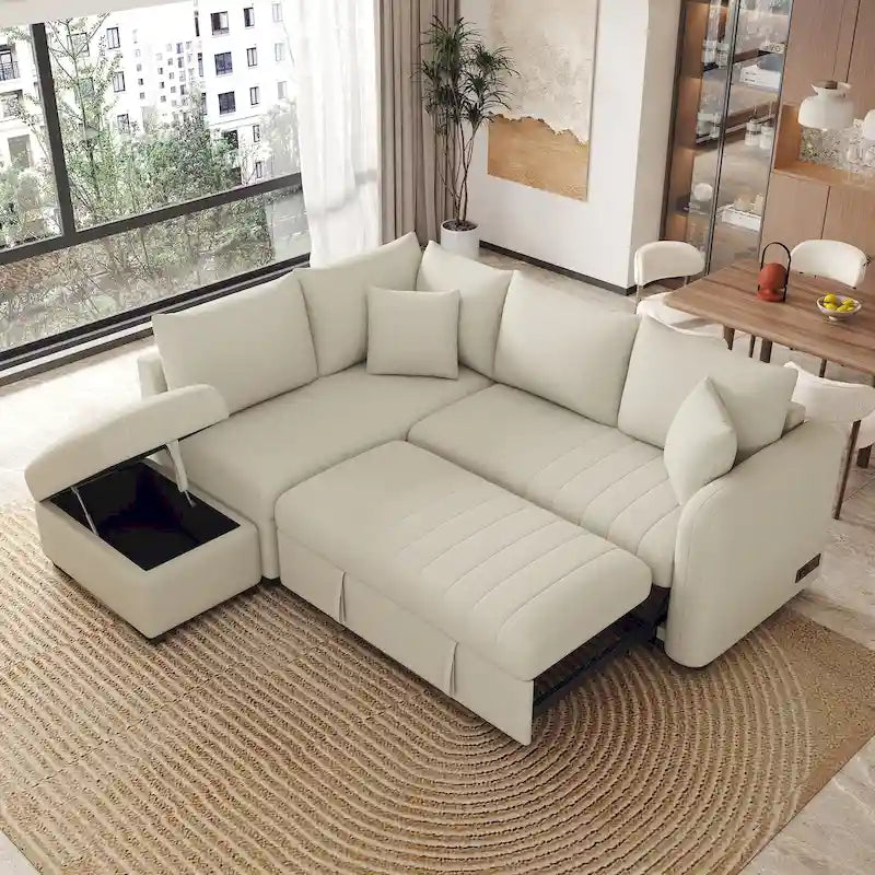 L-förmiges Sektionsschlafsofa mit Ausziehfunktion, USB-Anschlüssen, Steckdosen und einem beweglichen Stauraubhocker, Beige