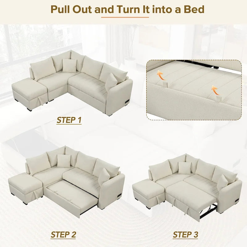 L-förmiges Sektionsschlafsofa mit Ausziehfunktion, USB-Anschlüssen, Steckdosen und einem beweglichen Stauraubhocker, Beige