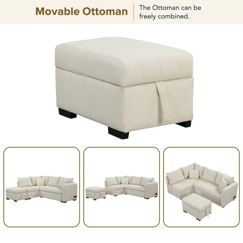 L-förmiges Sektionsschlafsofa mit Ausziehfunktion, USB-Anschlüssen, Steckdosen und einem beweglichen Stauraubhocker, Beige