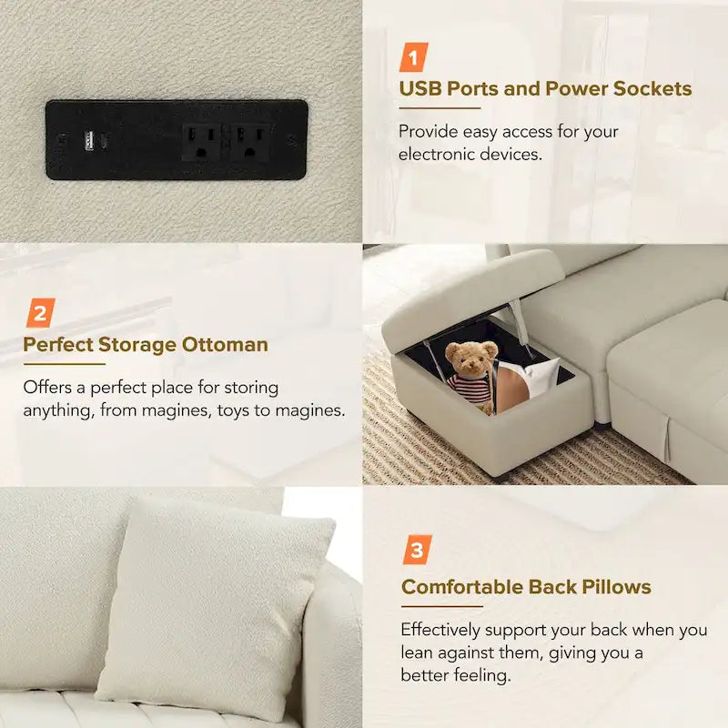 L-förmiges Sektionsschlafsofa mit Ausziehfunktion, USB-Anschlüssen, Steckdosen und einem beweglichen Stauraubhocker, Beige