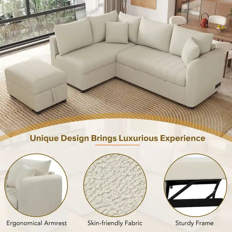 L-förmiges Sektionsschlafsofa mit Ausziehfunktion, USB-Anschlüssen, Steckdosen und einem beweglichen Stauraubhocker, Beige